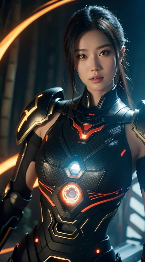 Close-up of bamboo forest Chinese architectural landscape photo, cyber punk perssonage,Future Fantasy Technology,Robot Valkyrie effect，colorful vivid octane render, cybernetic and highly detailed, loba andrade from apex legends, created in unreal engine 5, made in unreal engine 5, trending on unreal engine 5, anfas portrait of a mech warrior, fantasy style 8 k octane render, rendered in unreal 5, rendered in high octane