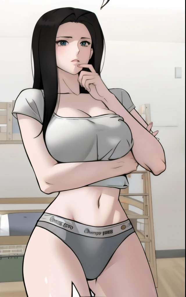 a woman in a underwear, seductive anime girl, tifa lockhart, touching her clothes, character is in her natural pose, attractive anime girl, cell shaded adult animation, revealing clothes, beautiful alluring anime woman, hands behind her body pose!, casual pose, tifa lockheart