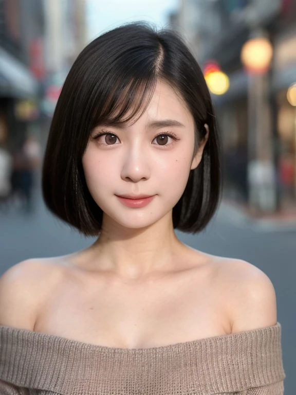 (kawaii 24 year-old Japanese girl, Nogizaka idol, Korean idol), (glossy black hair, pixie cut:1.3), (rounded face, single eyelid, no makeup, soft smiling:1.2), forehead, (wearing off-shoulder knitted sweater:1.3), (well shaped extra small breasts), (looking at viewer:1.2), BREAK, (at midnight street in downtown background:1.3), (dynamic angle:1.3), BREAK, (masterpiece, best quality, photo realistic, official art:1.4), (UHD, 8K quality wallpaper, high resolution, raw photo, film grain:1.2), (shiny skin), professional lighting, physically based rendering, award winning, (perfect anatomy, highly detailed skin textures, extremely detailed face and eyes, well drawn glittering pupils), Carl Zeiss 85 mm F/1.4, depth of field, 1girl, solo,