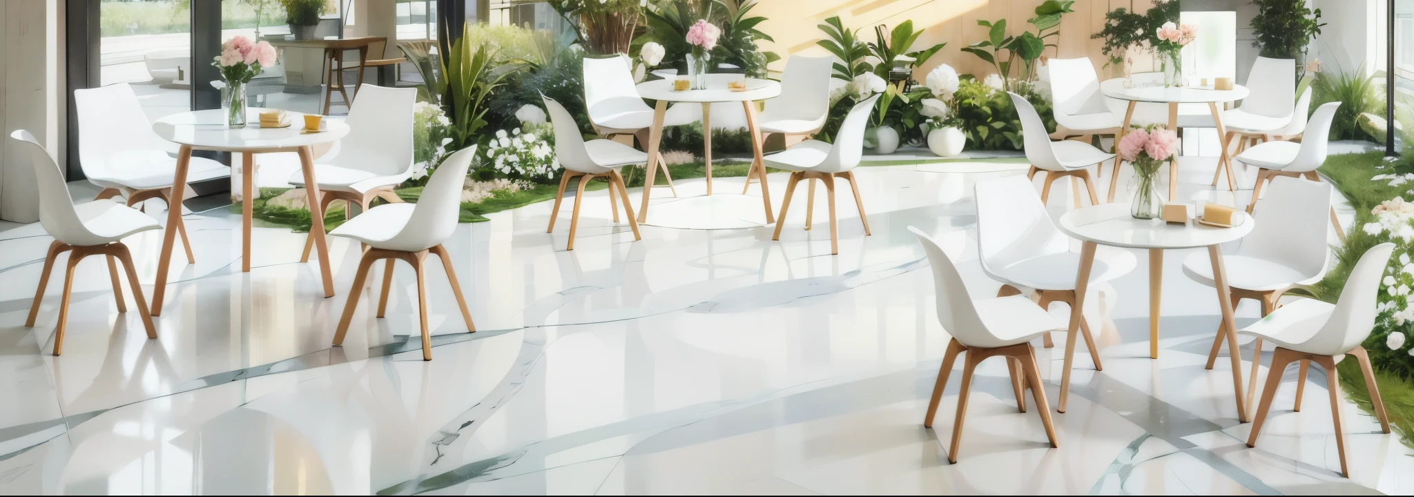 3D rendering, floral installation, event in the lobby of Kengo Kuma's office, green plants and white, inside tall glass cubicles, grass, marble floor with a giant pastel yellow rose, colorful, vines, watercolor,Planting White Roses, Pillar, wedding,tables and chairs,HD quality, high detail, Very detailed, beautiful, architectural shots, Surrealism, Unreal Engine 5