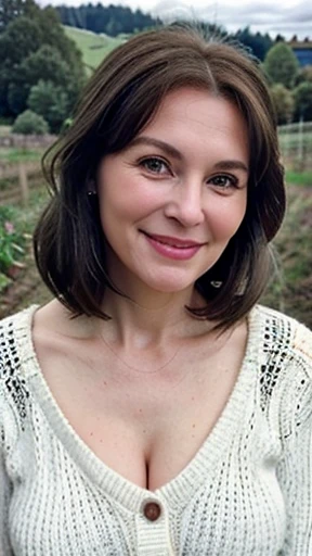 Photo of a mature white woman, Christian vibes, beautiful face, greying brunette hair, pale skin, slightly aged, 45 year old, happy (smiling), red cable-knitted sweater, busty, cleavage, outdoors, farmland background, rural life, body directly facing camera