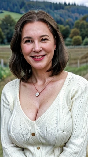 Photo of a mature white woman, Christian vibes, beautiful face, greying brunette hair, pale skin, slightly aged, 45 year old, happy (smiling), red cable-knitted sweater, busty, cleavage, outdoors, farmland background, rural life, body directly facing camera