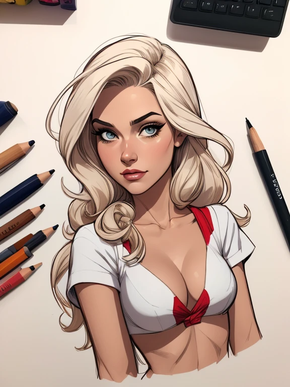 (estilo de desenho animado:1.2), Desenhos de (sol amorosa), Sorriso, olhos perfeitos, rosto detalhado, fundo branco, pose divertida, olhar sedutor,Corpo inteiro , beautiful medium breasts and wonderful body cartoon style digital illustration. young teenage woman in