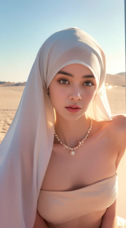 nsfw, (((topless))),, big breasts, Dilraba Dilmurat, hijab, jilbab, muslim face mask, mouth veil, freckles, eyes mascara, masterpiece, best quality, photorealistic, glowing sparkly skin, soft lighting, voluptuous, windy desert, blowing swirling sand grains, sunny backlighting, bloom, light sparkles, sharp focus, colorful liquid gel rain, close up, fashion designer, resplendent tiny pearls necklace, baroque