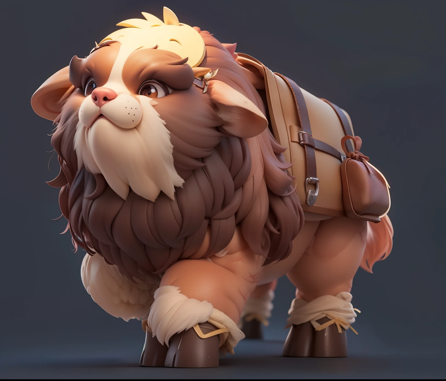 (brown hair,3d cartoon,A huge, long-haired, brown quadruped mount,chubby,dark background,Brown cloth bag,Twine,belt)Refinement,European and American cartoons,of lights,clear structure(8K,Optimal quality,masterpiece:1.2),Super detailed,Optimal quality,ultra high resolution,professional lighting,photon mapping,Radiosity,Physically based rendering,film lighting,depth of field,clear focus,Sunlight,Well composed,(Ulzzang-6500:1.2) Mix 4, hiqcgbody,