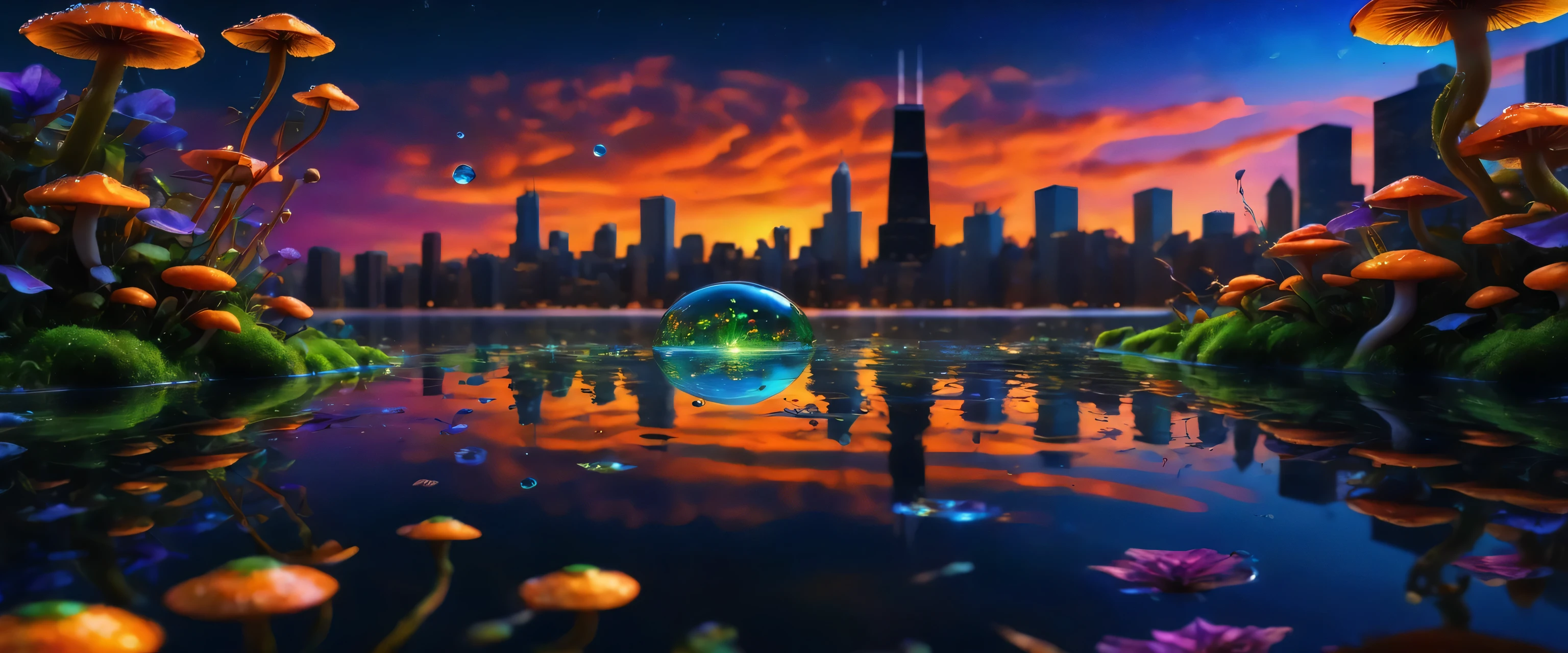 ((best quality)), ((masterpiece)), (Ultra detailed) Create a clean majestic city of Chicago at sunset with sun exploding, night time, with green moss growing on buildings showling Lake with sunset reflection in water, birds flying in background traveling into space, colorful green yellow blue red purple orange neon florescent planets in skys (masterpiece), shooting stars, solar eclipse above, (best quality), cyberpunk style, colorful water drops, very detailed 8k wallpaper, no logos, no letters, no symbols, peaceful trippy art, blue roses, greenish mushrooms, orange sky, portal in water with jellyfish