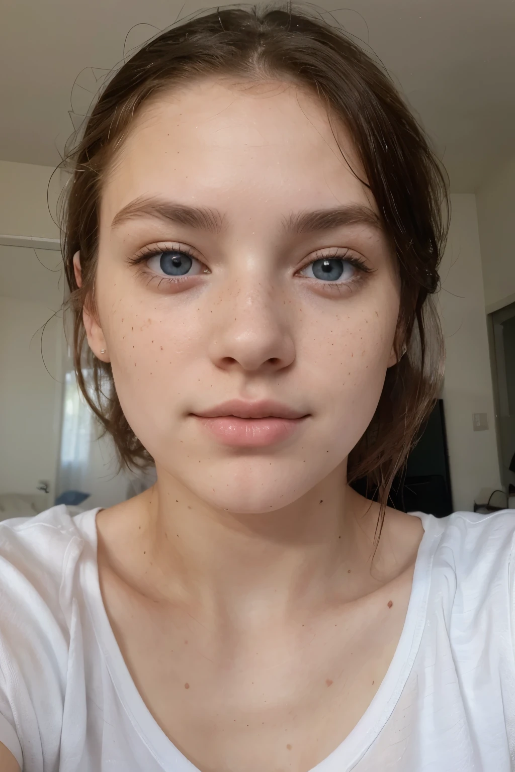 (amateur 1.2), amateur camera selfie of 18 years old caucasian female, black hair, Low exposure, low lighting, unprofessional natural lighting, realistic lighting, dark light, low light, caucasian female with very low freckles on her face and blue eyes with hyperrealistic eye lashes, hyper realistic skin all over her, beautiful face, detailed face, image noise, low visible impurities, very low slight freckles, detailed skin texture, low detailed skin pores, low impurities on the face, details eyes, eyebrow details showing each individual hair, very minimal and slight redness and imperfections around eye lids, low quality lighting, no light on, selfie, white t-shirt, huge , slightly smiling looking sexy, realistic skin, medium messy hair, white pale skin caucasian female, medium hair, neutral face, low freckles, normal blue eyes, little spots, little acne, wearing white t-shirt, plain bedroom room, 2 feet from camera, black hair, hair flowing, in dark bedroom
