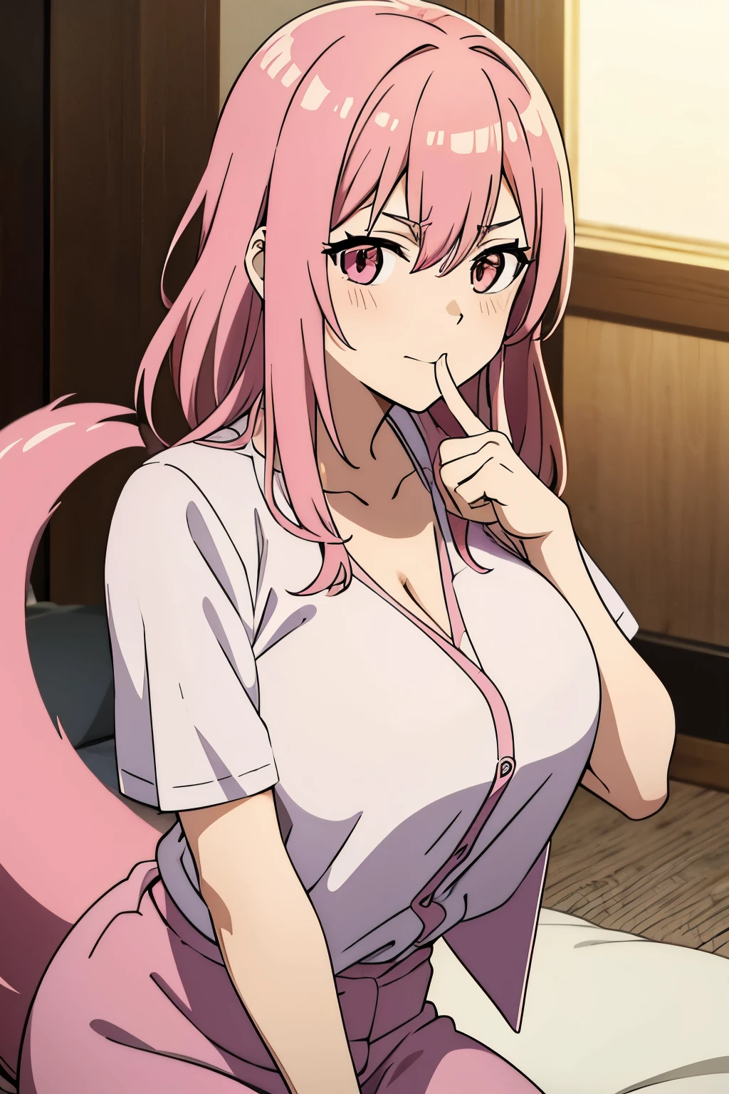 pink hair side tail blouse big breasts anime style put index finger on mouth