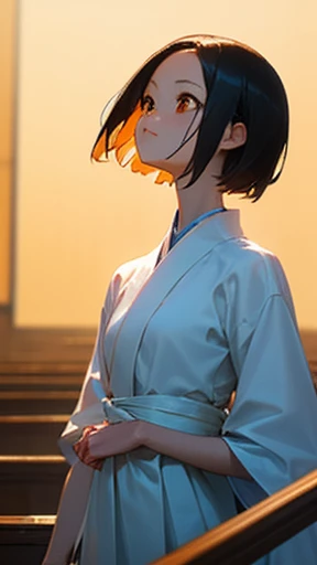 highest quality、Highest image quality、realistic、Japanese、girl、look up、cute、orange eyes、short hair、black hair、all back、Forehead is coming out、church、Wedding dress、joy、slender、small breasts、