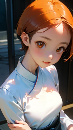 highest quality、Highest image quality、realistic、Japanese、girl、look up、cute、orange eyes、short hair、black hair、all back、Forehead is coming out、church、Wedding dress、joy、slender、small breasts、