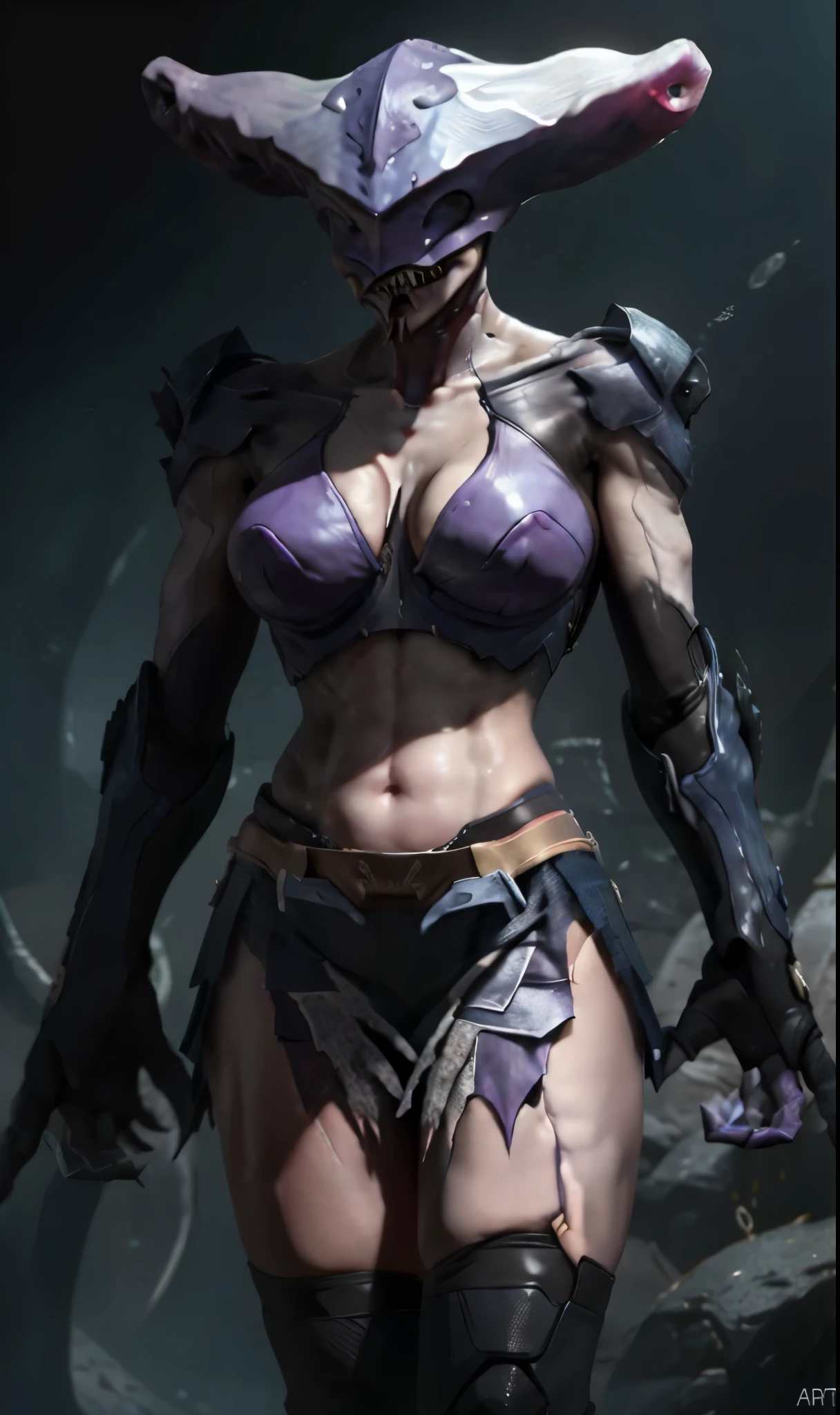 hamm2023, 8 k, UHD, Science fiction, Best quality, masterpiece, trending on artstation, Photorealistic, chest armor, cyberpunk armored, tactical armor, big head, Sharp teeth, Female,big naked breasts, sexy muscular body, Short skirt, fishnet stockings, detailed purple skin, wide angle shot, action pose, claws, 3 fingers, mutant, stranger, Creature, monster, Female персонаж