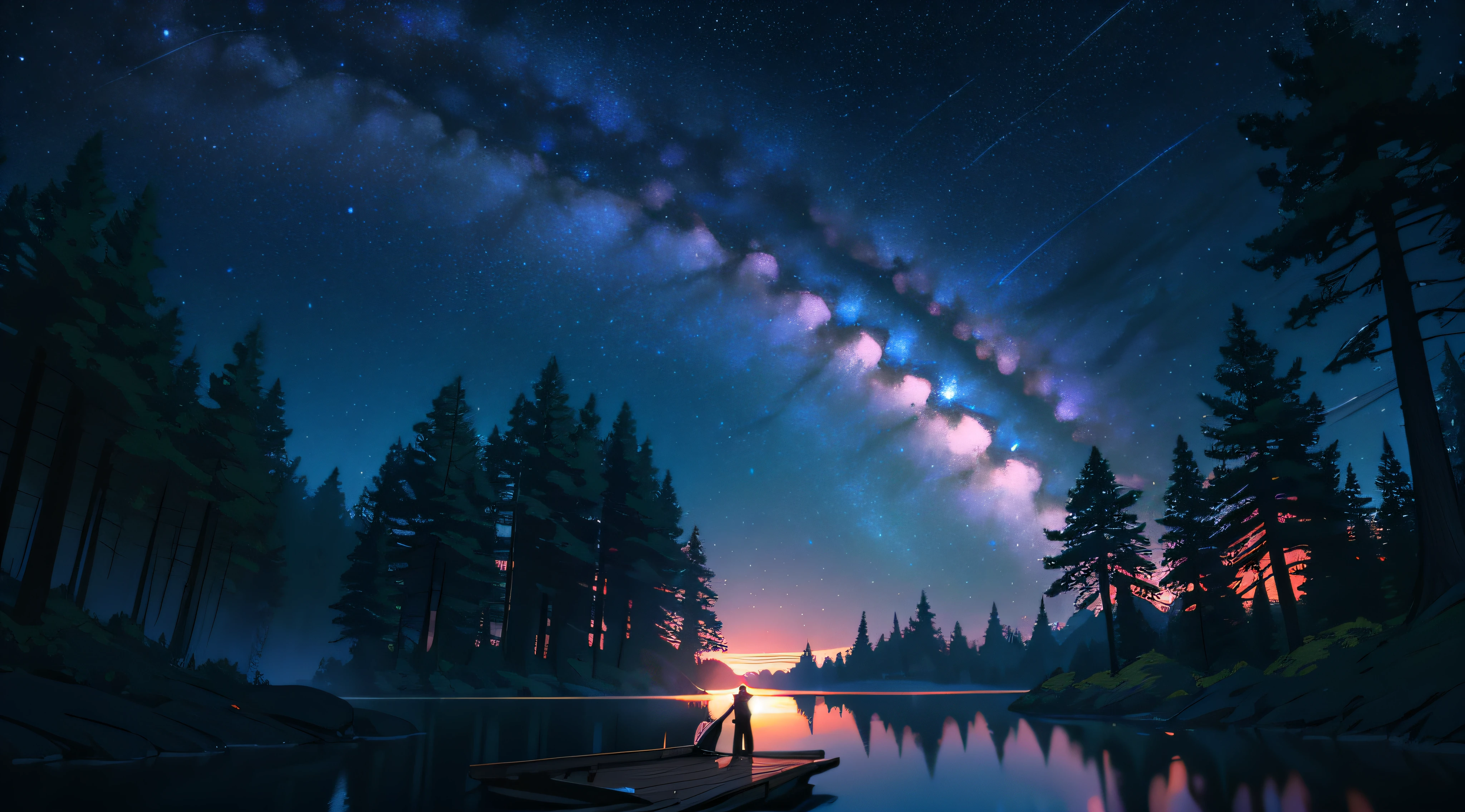 illustration, cartoon, soothing tones, calm colors, beautiful landscape, forest, lake, dark night, nabula, starry sky, shooting stars, 8k, best quality, by ilya kuvshinov, by makoto shinkai