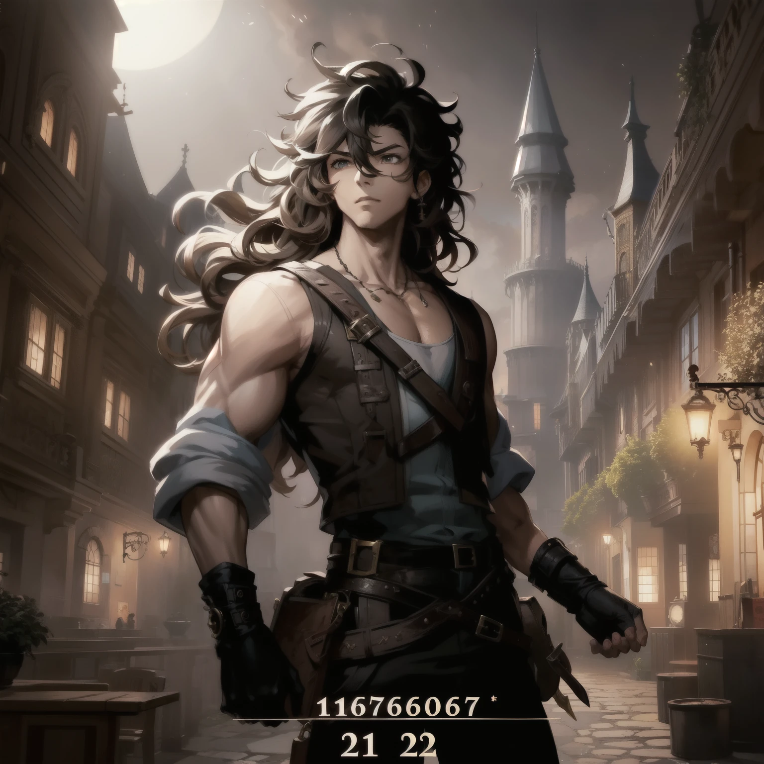 Anime character with long hair and brown vest standing on the street, Boris Vallejo. octopath traveler, octopath travelerスタイル, Demon slayer art handsome man, official character art, Octopus Voyager, kashmir art, main character, Official character illustration, octopath traveler, Caleb has completed his important role., ( ( character concept art ) ), full body portrait of character,Blacken hair