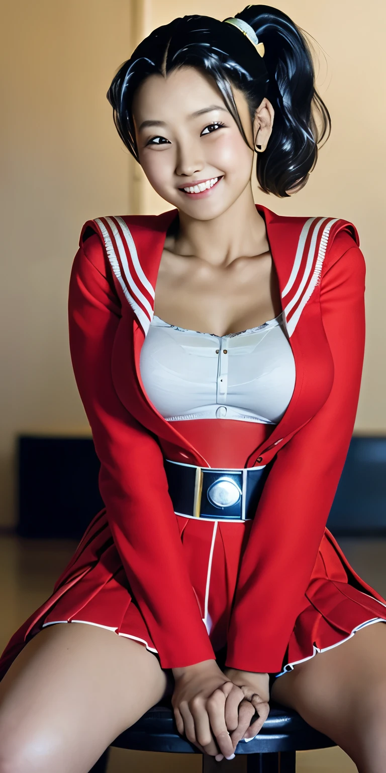 (8K、Raw photography、highest quality、masterpiece:1.2),(black haired、ponytail:1.7),show viewer,Looking at the front,erotic、spread your legs、show white panties,,(super sentai series、wearing federal military costumes.:1.6)、(Clothing that emphasizes the shape of your chest:1.3)、(big breasts :1.3)、slim body shape、ultra high resolution,beautiful,beautiful fece,(alone, alone、no background:1.9),whole bodyボディー,、(black eye、japanese woman: 1.3),(Photoreal:1.37)、beautiful太もも、beautifulパンティ、beautiful膝、photon mapping,reality、(-faced and cute: 1.1)、(cute smile: 1.7)、(With a round face: 1.8)、radio city、Physically based rendering、depth of field rally background、photograph, (I can see your knees,close up of thighs、blue skirt is too short、spread your legs、show off white panties:1.1),whole body、super fine
