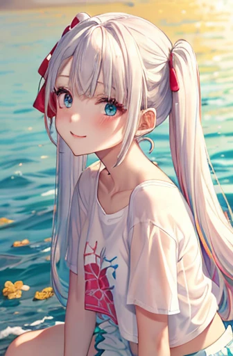 red glasses、小さなgirl、big butt、 (alone:1.5,)Super detailed,bright colors, very beautiful detailed anime face and eyes,highest quality, hyper detail, masterpiece, (detailed face)、((sharp focus))、, ;shiny_skin,girl, ((gradient hair,  Half white hair、Half green hair: 1.2)) 、forehead is exposed、shiny hair, delicate beautiful face, blush、(turquoise eyes), White skin, Valletta, mature earrings,、sandy beach、sunset、((ribbon、((check、Oversized tops)、Floral、Sporty skirts)))、twin tails、smile、happy face、face dyed red