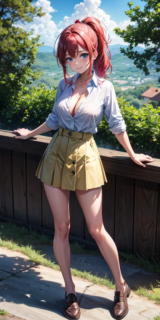 1girl, full body, summer, village, trees, sun, clouds, ((colorful hair)), ponytail, large breasts, button down, blue eyes, ((red, white and green shirt)), ((unbuttoned shirt)), unbuttoning buttons, ((short sleeved shirt)), black mini skirt, brown shoes, grin, looking at the viewer, standing, red, white and green hair ribbon, cleavage, ((golden necklate))