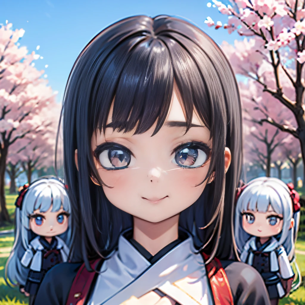 8K quality:1.5,High quallity,high resolution,photograph,cherry blossoms,(1体のDolls,2 headsキャラクタ:1.2),1 girl doll,(figure:1.5,Dolls),cute,smile,blue sky,((2 heads,Big face)),cherry blossoms柄の衣装