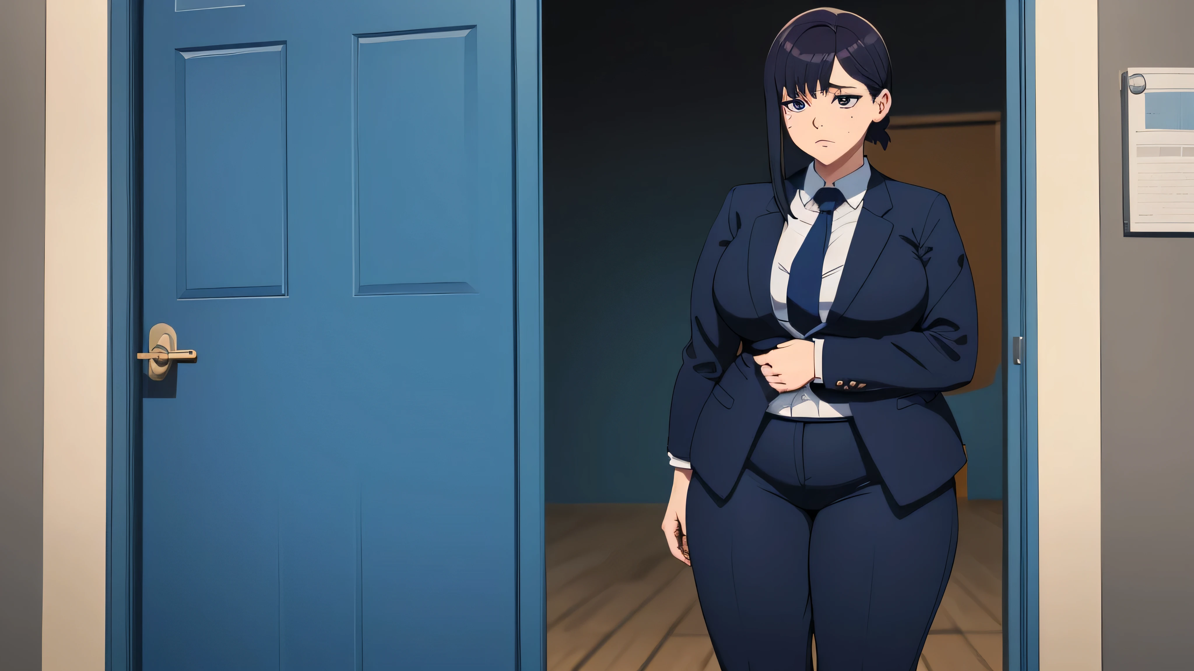 obra de arte, 1girl behind a door, de frente, (trancado na porta, frente presa:1.3), quadris largos, coxas grossas, roupas coloridas, wearing a suit and tie and formal pants, chateado , muito gorda, obesa, kobeni, chainsawman

