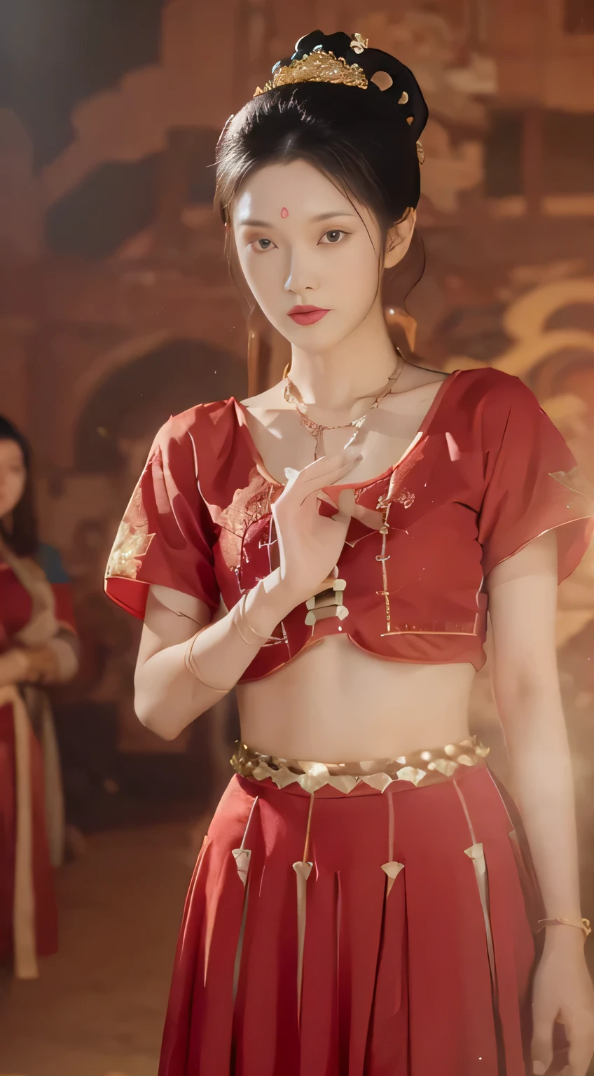 (8K, original photo, best quality, masterpiece:1.2), (actual, photo-actual:1.4), (extremely detailed CG unity 8K wallpaper), (1 girl:1.5), Western beauty, (red clothes: 1.4), There are red spots on the forehead, pale skin, blush, big eyes, whole body, thigh, open navel, gold waist chain, gold jewelry, flying ribbon, particle, The background is the ancient city of Loulan, Ancient City Wall, desert, dance, Dunhuang_skirt, Dunhuang_style,