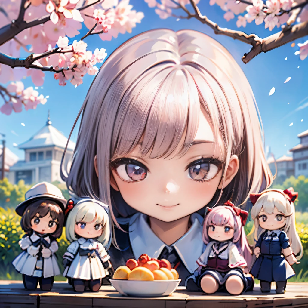 8K quality:1.5,High quallity,high resolution,photograph,cherry blossoms,(Dolls,charactor,2 headscharactor:1.2),1 girl doll,(figure:1.5,Dolls),cute,smile,blue sky,((2 heads,Big face)),cherry blossoms柄の衣装