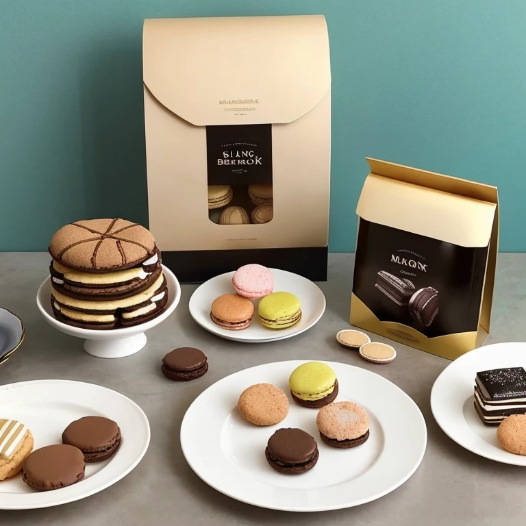 Macaroons and cookies、Box of financiers、Plates with Mont Blanc cake and shortcake on them、The background is pure white