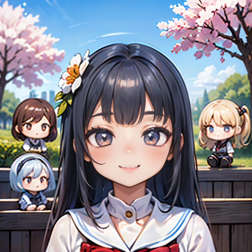 8K quality:1.5,High quallity,high resolution,photograph,cherry blossoms,(Dolls,charactor,2 headscharactor:1.2),1 girl doll,(figure:1.5,Dolls),cute,smile,blue sky,((2 heads,Big face)),cherry blossoms柄の衣装