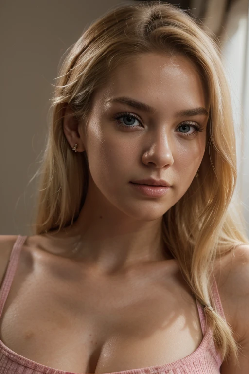 a european girl with blonde hair and A-cup bra, unisex underwear, masterpiece, photorealistic, 8k, cinematic lighting, dramatic shadows, vivid colors, detailed skin texture, (realistic, photo-realistic:1.37), (best quality:1.2), extremely detailed face and body, beautiful eyes, lips, nose, detailed hair, dramatic atmosphere, cinematic composition, elegant and graceful, nikon z9, 30mm lens, sharp focused face, f/4, iso 200, shutter 1/, cinematic light, medium shot, raw ,intricately detailed, award winning photograph, high sharpness, facial symmetry, bokeh, ultra-detailed