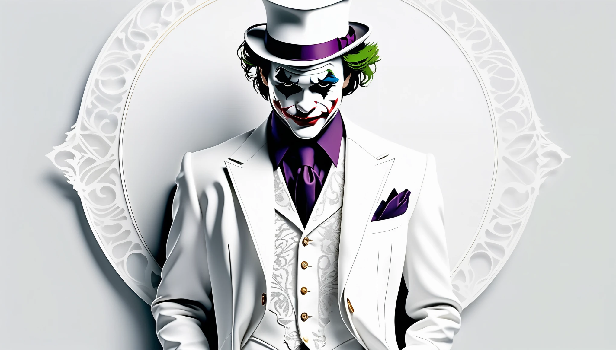 Minimalist fasion photo of a Joker in white suit and hat. White filigree background,