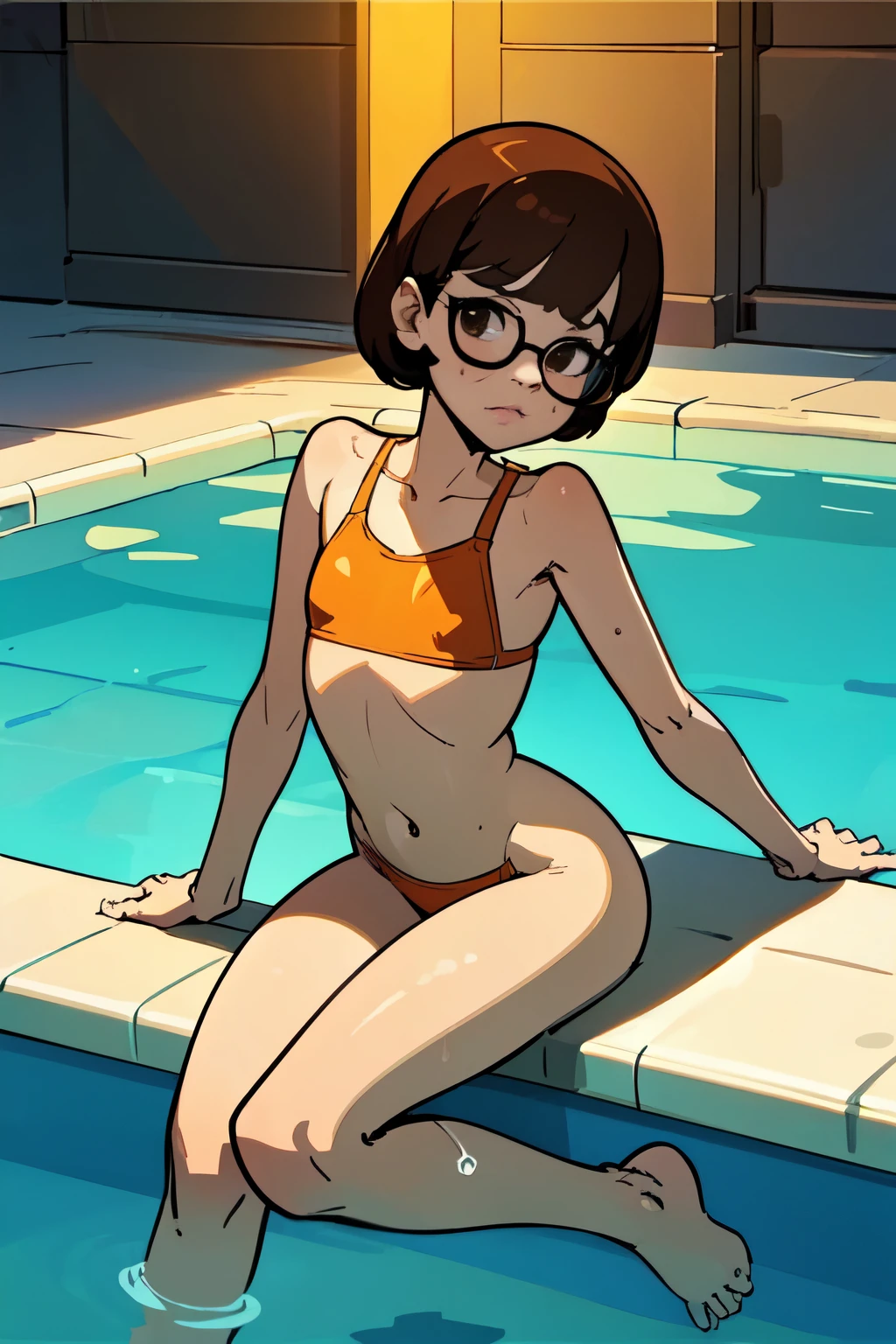 (masterpiece, best quality, high detailed illustration, 8k uhd), Velma, brown bob hair, brown eyes, square glasses, laying on bed, deadpan expression, orange swimsuit, seductive, looking at viewer, flat chest, thin legs, short stature, spooky swimming pool, night,