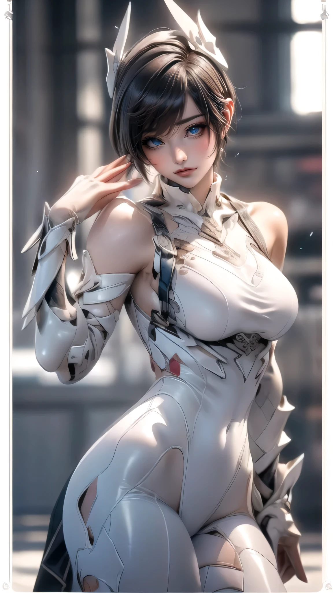 Perfect, masterpiece, (best quality, highres:1.2), 1girl, beautiful detailed eyes, beautiful detailed lips, extremely detailed eyes and face, long eyelashes, medium:oil painting, vivid colors, HDR, studio lighting, ultra-fine painting, sharp focus, physically-based rendering, extreme detail description, portraits, ((organized fingers)), curvy body, big breasts, perfect shape, facing viewer, sweaty, gorgeous, ((arms up)), sleeveless latex bodysuit, smiling, (short hair: 2.0)