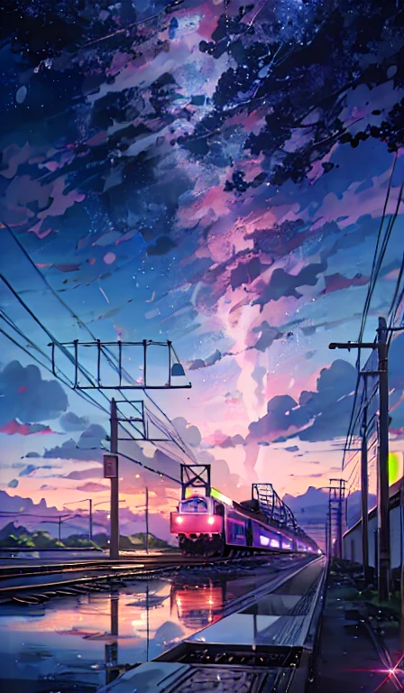 Anime train crossing track in sky background, beautiful and harmonious scene, exquisite animation, rich details (width is 672), high quality, clarity 4k, artistic 4k wallpaper, stunning anime landscape, 8k art wallpaper.