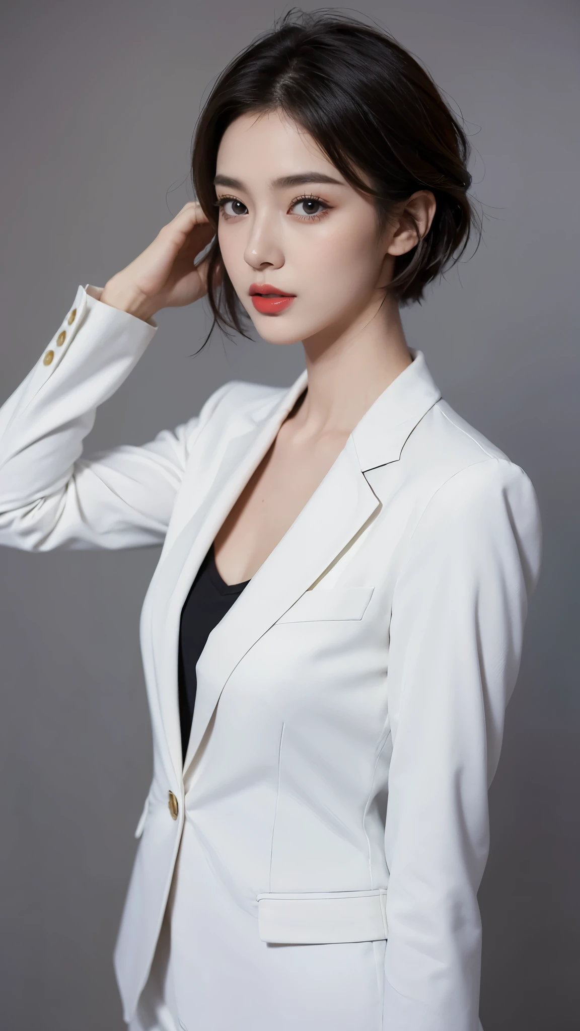 ((Half body photo)), 1girl,solo，masterpiece，best quality，high resolution，8K，(portrait)，real picture，Photographic grade，（Strong women in the workplace）（Capable，Capable）,20 year old girl，short hair hairstyle，red lips，Keep your mouth beautiful and attractive，Half body photo，Serious and arrogant，(white suit，white)，photo poses，Realistic style，gray background，Half-length photo