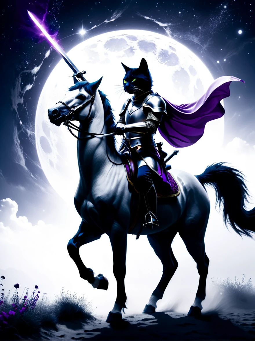 Surrealism, Star光环, Monochrome in the bright embrace of moonlight serenade, ((1 stray cat knight)), Wearing richly decorated cavalry uniform,(The cat knight holds a sword in his hand),Deep purple accents capture the whispers of the night, Riding on his trust (White steed:1.2), A horse gallops quietly on the whispering plain. Sitting proudly in the saddle, Compared, Tone, texture, detailed, Star, Colorful halo, Vibrant energy, expressive, dramatic, organic lines and forms, dreamy and mysterious, Surrealism