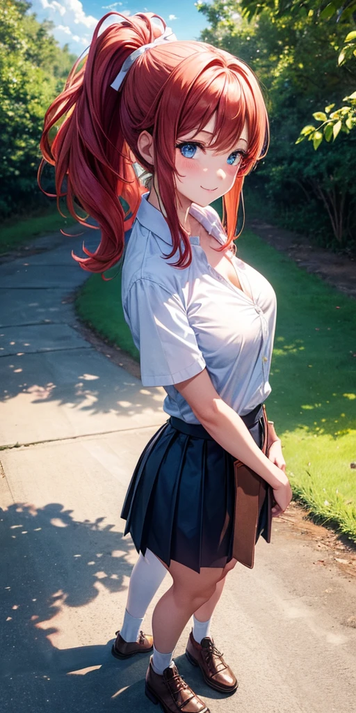 1girl, full body, summer, village, trees, sun, clouds, ((colorful hair)), ponytail, large breasts, button down, blue eyes, ((red, white and green shirt)), ((unbuttoned shirt)), unbuttoning buttons, ((short sleeved shirt)), black mini skirt, brown shoes, grin, looking at the viewer, standing, red, white and green hair ribbon, cleavage, ((golden necklate))