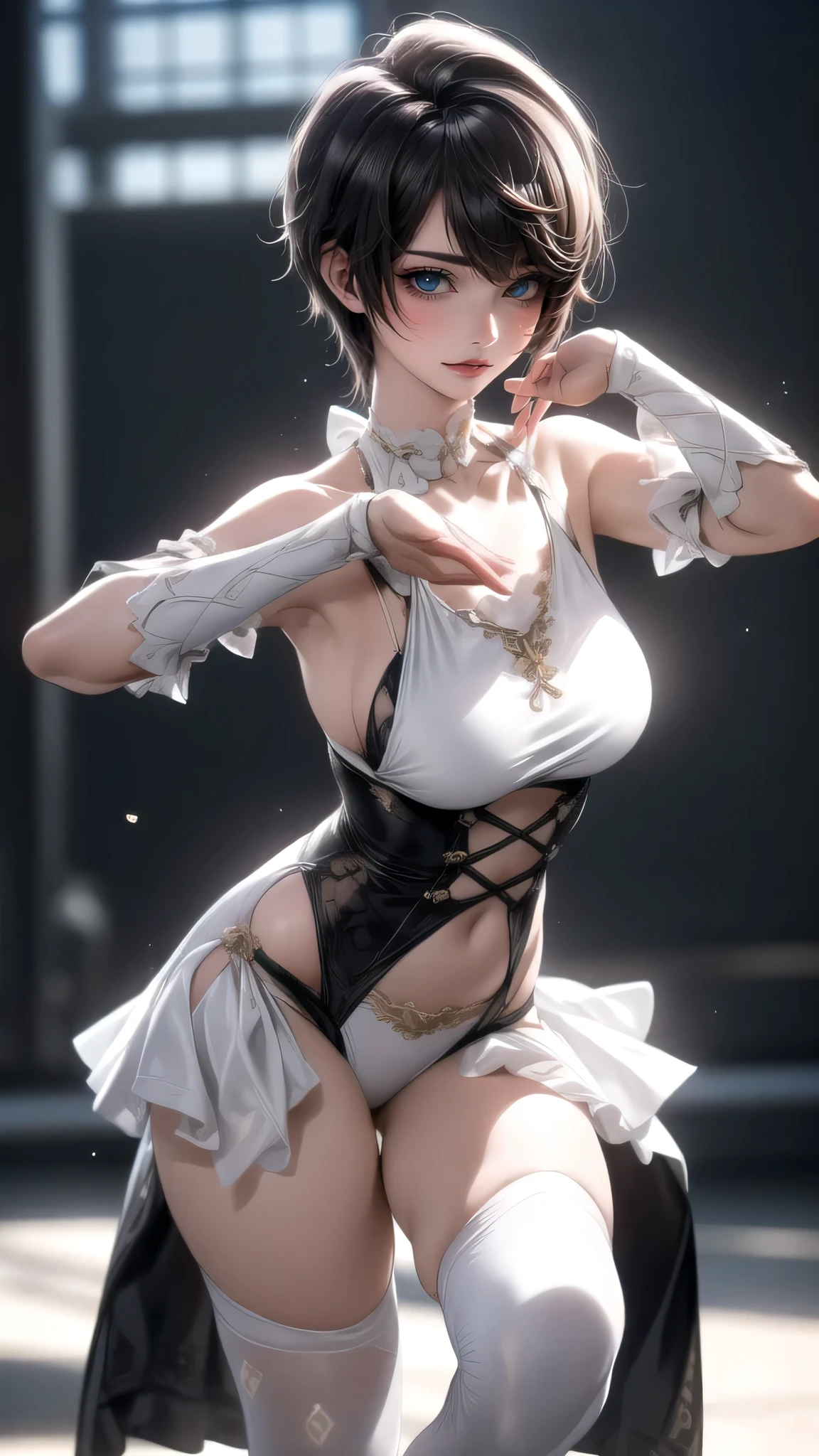 (Thin type),(large breasts),(random dance pose:1.5),(random hairstyle),(Highest image quality,(8K), Ultra-realistic, Best Quality, High quality, High Definition, high quality texture, high detailing, Beautiful detailed, fine detailed, extremely details CG, Detailed texture, realistic representation of face, masterpiece, presence)