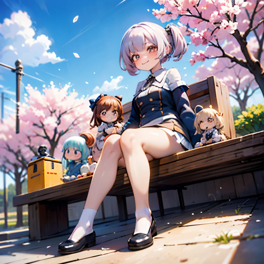 8K quality:1.5,High quallity,high resolution,photograph,cherry blossoms,(Dolls,charactor,2 headscharactor:1.2),1 girl doll,(figure:1.5,Dolls),cute,smile,blue sky,((2 heads,Big face)),cherry blossoms柄の衣装,whole body,thin legs,short limbs