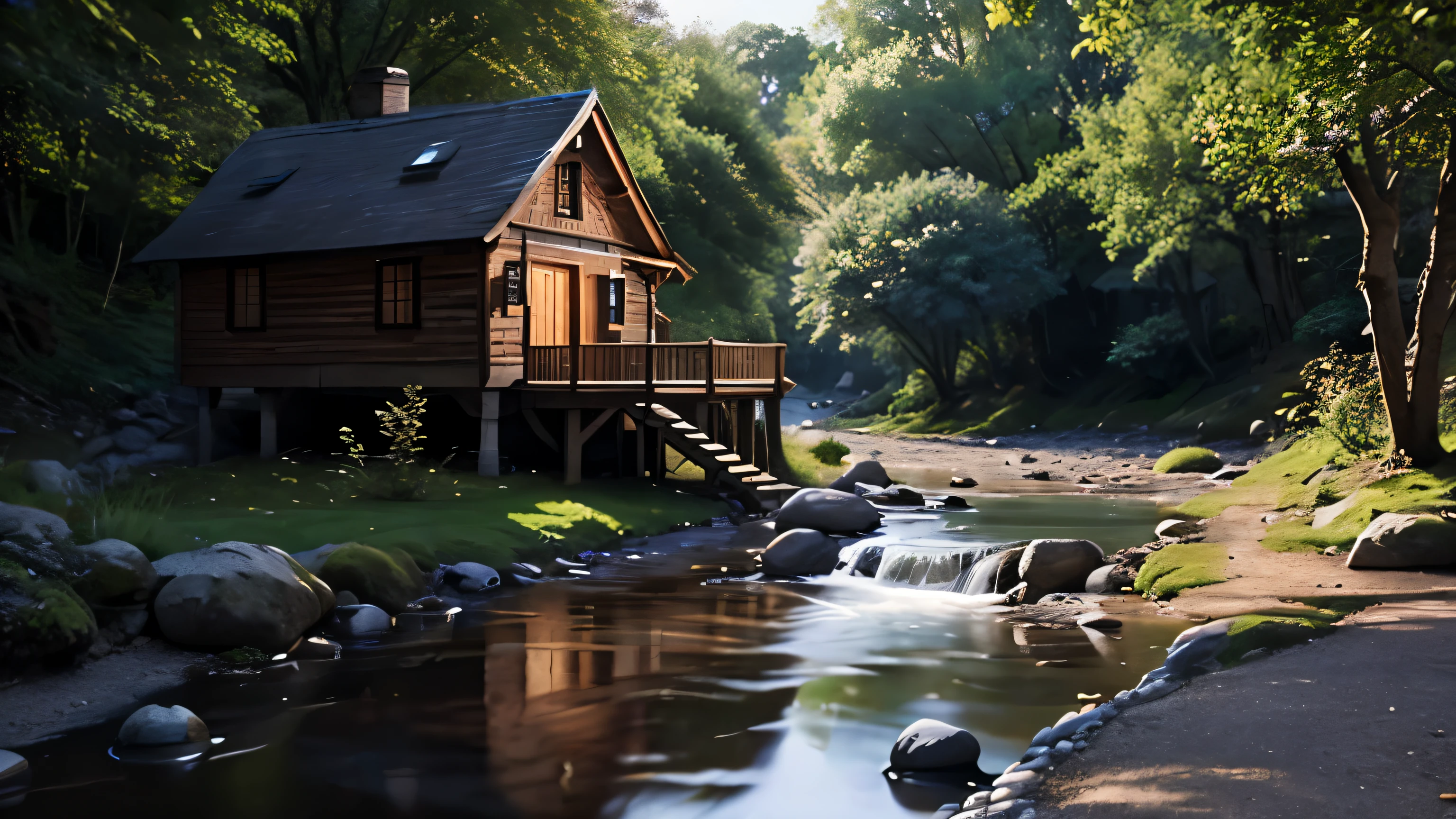 A tree house,Beside a small river,There are many small fish and pebbles in the stream