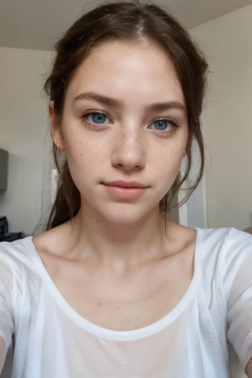
(amateur 1.2), amateur camera selfie of 18 years old caucasian female, black hair, Low exposure, low lighting, unprofessional natural lighting, realistic lighting, dark light, low light, caucasian female with very low freckles on her face and blue eyes with hyperrealistic eye lashes, hyper realistic skin all over her, beautiful face, detailed face, image noise, low visible impurities, very low slight freckles, detailed skin texture, low detailed skin pores, low impurities on the face, details eyes, eyebrow details showing each individual hair, very minimal and slight redness and imperfections around eye lids, low quality lighting, no light on, selfie, white t-shirt, huge , slightly smiling looking sexy, realistic skin, medium messy hair, white pale skin caucasian female, medium hair, neutral face, low freckles, normal blue eyes, little spots, little acne, wearing white t-shirt, plain bedroom room, 2 feet from camera
