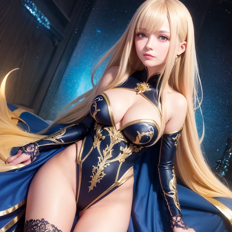 sweet Russian girl with golden silk smooth hair, dark blue satin dress, sparkling mother-of-pearl fantasy pattern, smooth flowing surfaces, bright details of clothes, guweiz art, photorealistic carefully drawn digital painting, sunset lighting, daylight, against the background of the sea terrace, fine drawing, bizarre fantasy, high detail, finely drawn, view from afar, 64k, 300 dpi