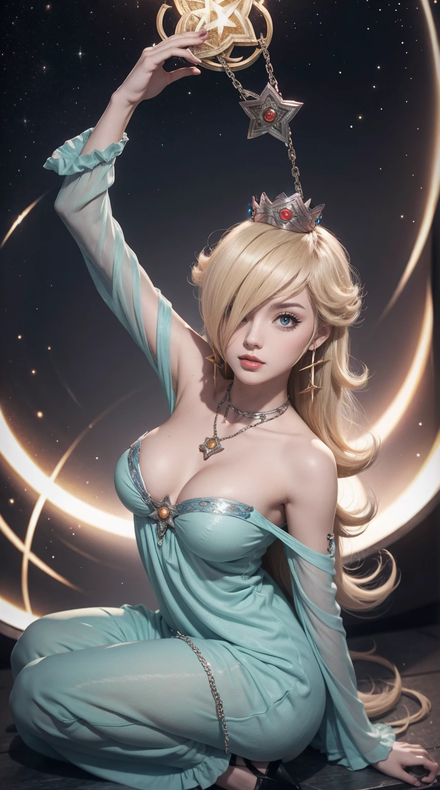 25-year-old Caucasian woman、ash blonde、blue eyess、Semi-long、setting hair、I'm tying my hair、My hair is wavy、Slender but thin macho、accessories on the wrist、wearing a chain necklace、Beautiful breasts、a smile、I need space above my head、Wearing a high-leg retard、Wearing heels、