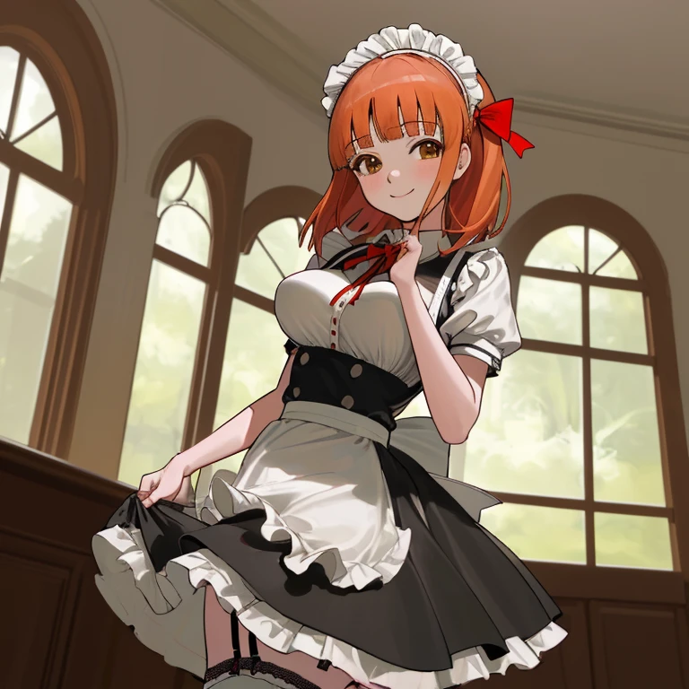 masterpiece, best quality, highres, chika1, fujiwara chika, maid dress, breasts, red ribbon, blunt bangs, large breasts, cowboy shot, smile, indoors, sexy pose, breast out, maid, meidofuku, black maid dress, appron, maid appron, mini skirt, garter strap, stocking, hands behind,
