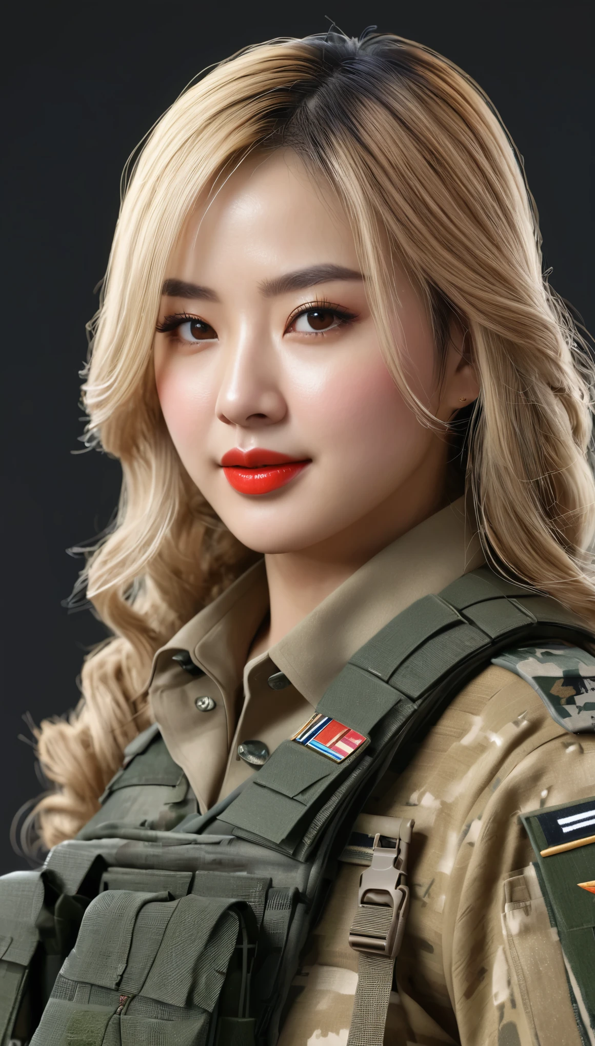(((hyper real)))、超未来的なfemale soldier、陸軍female soldier、Beautiful woman High level image quality High resolution realistic blonde woman、mature woman、((big big tits))、Fine skin texture、超High resolution、realistic、plump body shape、smile、中年Beautiful woman、beautiful expression 、fine brown eyes、fluffy long hair、非常に繊細でFine skin texture、35Army soldier woman、(Very futuristic huge computer room)、female soldier、big cleavage、bright red lips、(Wearing combat uniform)、