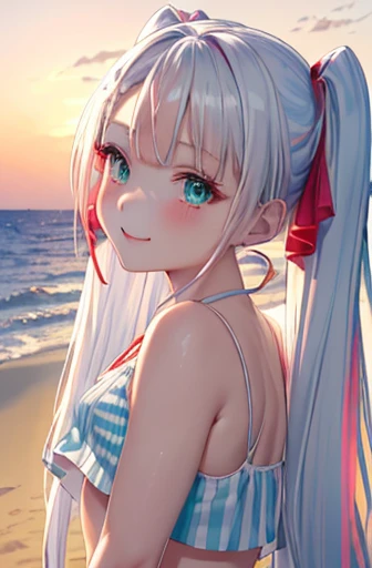 red glasses、小さなgirl、big butt、 (alone:1.5,)Super detailed,bright colors, very beautiful detailed anime face and eyes,highest quality, hyper detail, masterpiece, (detailed face)、((sharp focus))、, ;shiny_skin,girl, ((gradient hair,  Half white hair、Half green hair: 1.2)) 、forehead is exposed、shiny hair, delicate beautiful face, blush、(turquoise eyes), White skin, Valletta, mature earrings,、sandy beach、sunset、((ribbon、((check、Mini size tops)、stripe、Sporty skirts)))、twin tails、smile、happy face、face dyed red