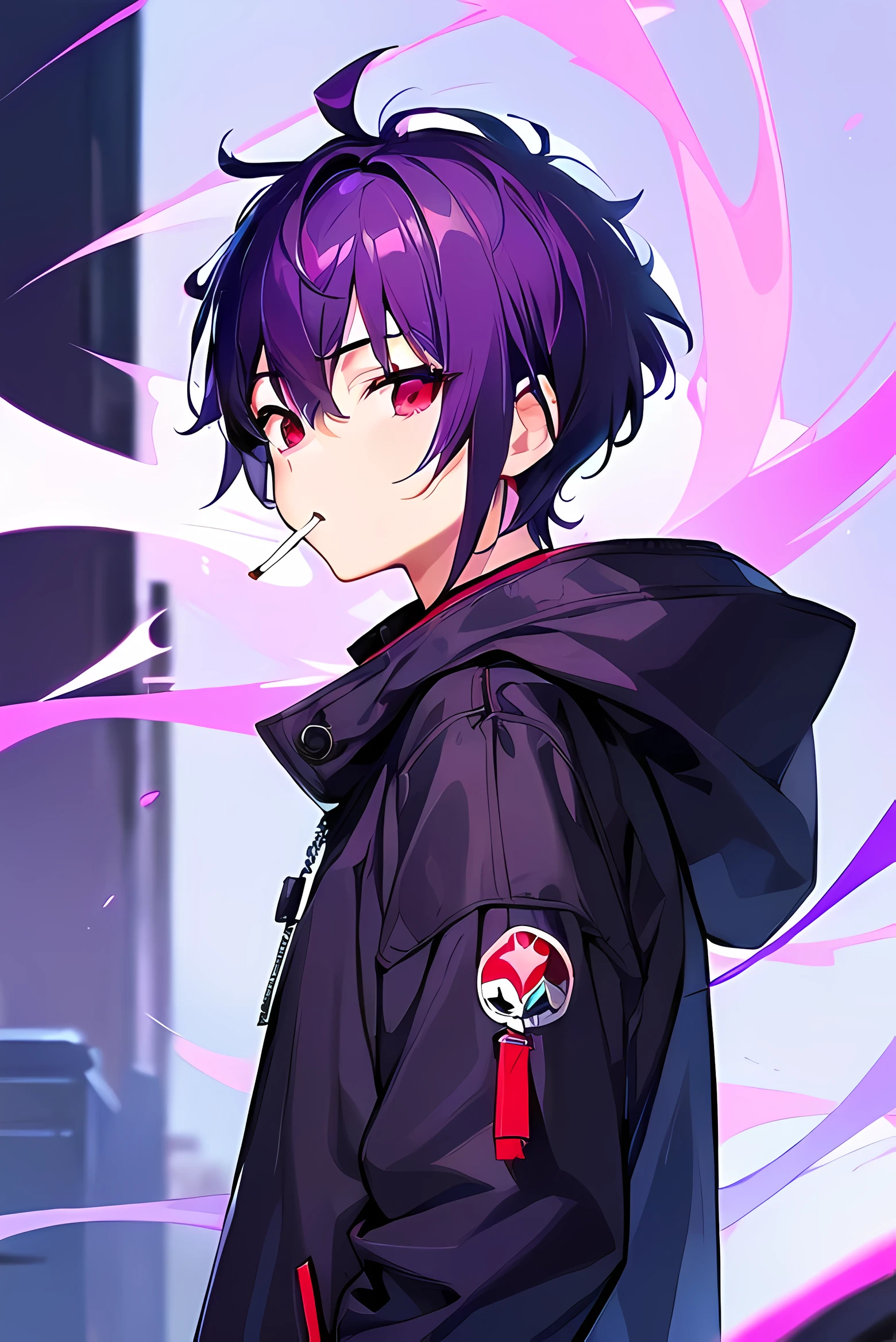 [(CYBER CITY BACKGROUND:1.5),::5], ((((masterpiece)))), high quality, ultra_very_high_resolution, large_filesize, full color, solo, upper body, ((little boy)), (((purple short hair))), red eyes, anime, black parka, (Smoking cigarettes),