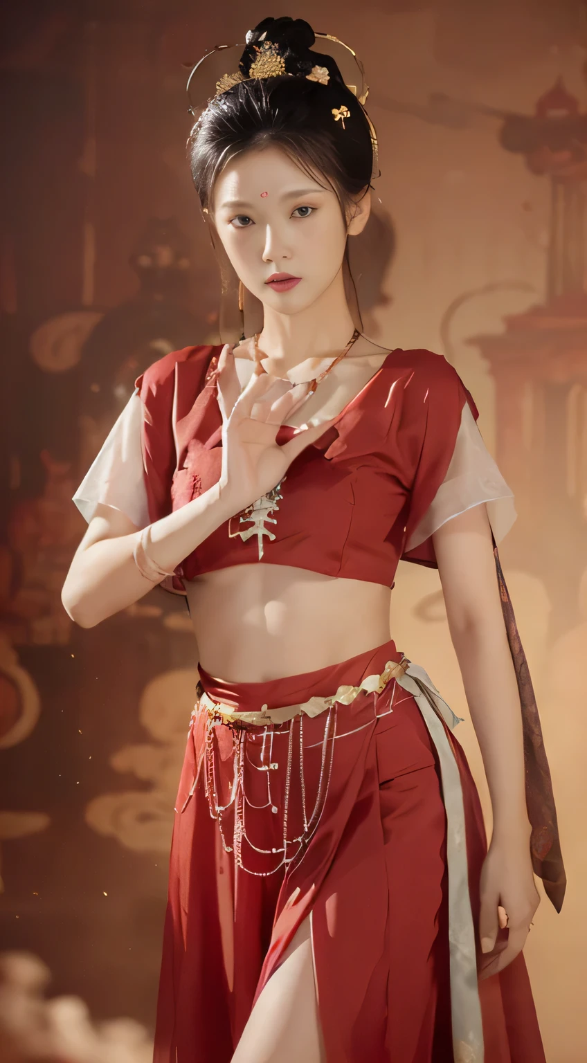 (8K, original photo, best quality, masterpiece:1.2), (actual, photo-actual:1.4), (extremely detailed CG unity 8K wallpaper), (1 girl:1.5), Western beauty, (red clothes: 1.4), There are red spots on the forehead, pale skin, blush, big eyes, whole body, thigh, open navel, gold waist chain, gold jewelry, flying ribbon, particle, The background is the ancient city of Loulan, Ancient City Wall, desert, dance, Dunhuang_skirt, Dunhuang_style,