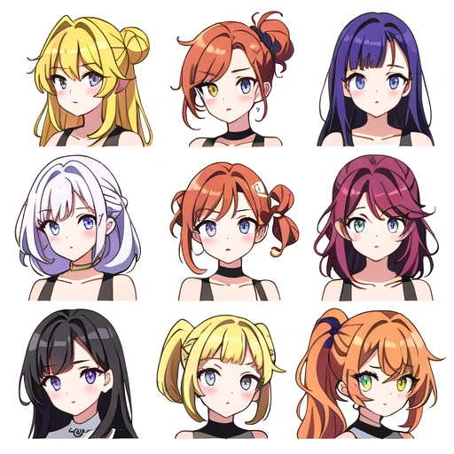 9 girls, white background, different characters, multiple views, (Close up heads, portrait, mugshot), bra, bare shoulders, bikini, different hair colors, different hair styles, multiple expressions,
twin-tail hair style,
pony-tail hair, wavy
long hair,
braid,
parted bangs,
high ponytail,
low ponytail,
big hair, cornrows,
hair bun,
hair rings,
half updo hairstyle,
diagonal bangs,
two side up hair,
flipped hair,
blunt bangs,
warm-toned hair colors,
cool-toned hair colors,
brown hair color,
red hair color,
yellow hair color,
white hair color,
purple hair color,
blue hair color,