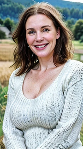 Photo of a mature white woman, Christian vibes, beautiful face, greying brunette hair, pale skin, slightly aged, 45 year old, happy (smiling), cable-knitted sweater, busty, cleavage, realistic skin texture, outdoors, farmland background, rural life, body directly facing camera, photorealistic 
