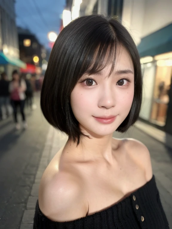 (kawaii 24 year-old Japanese girl, Nogizaka idol, Korean idol), (glossy black hair, pixie cut:1.3), (rounded face, single eyelid, no makeup, soft smiling:1.2), forehead, (wearing off-shoulder knitted sweater:1.3), (well shaped extra small breasts), (looking at viewer:1.2), BREAK, (at night street in downtown background:1.3), (dynamic angle:1.3), BREAK, (masterpiece, best quality, photo realistic, official art:1.4), (UHD, 8K quality wallpaper, high resolution, raw photo, film grain:1.2), (shiny skin), professional lighting, physically based rendering, award winning, (perfect anatomy, highly detailed skin textures, extremely detailed face and eyes, well drawn glittering pupils), Carl Zeiss 85 mm F/1.4, depth of field, 1girl, solo,