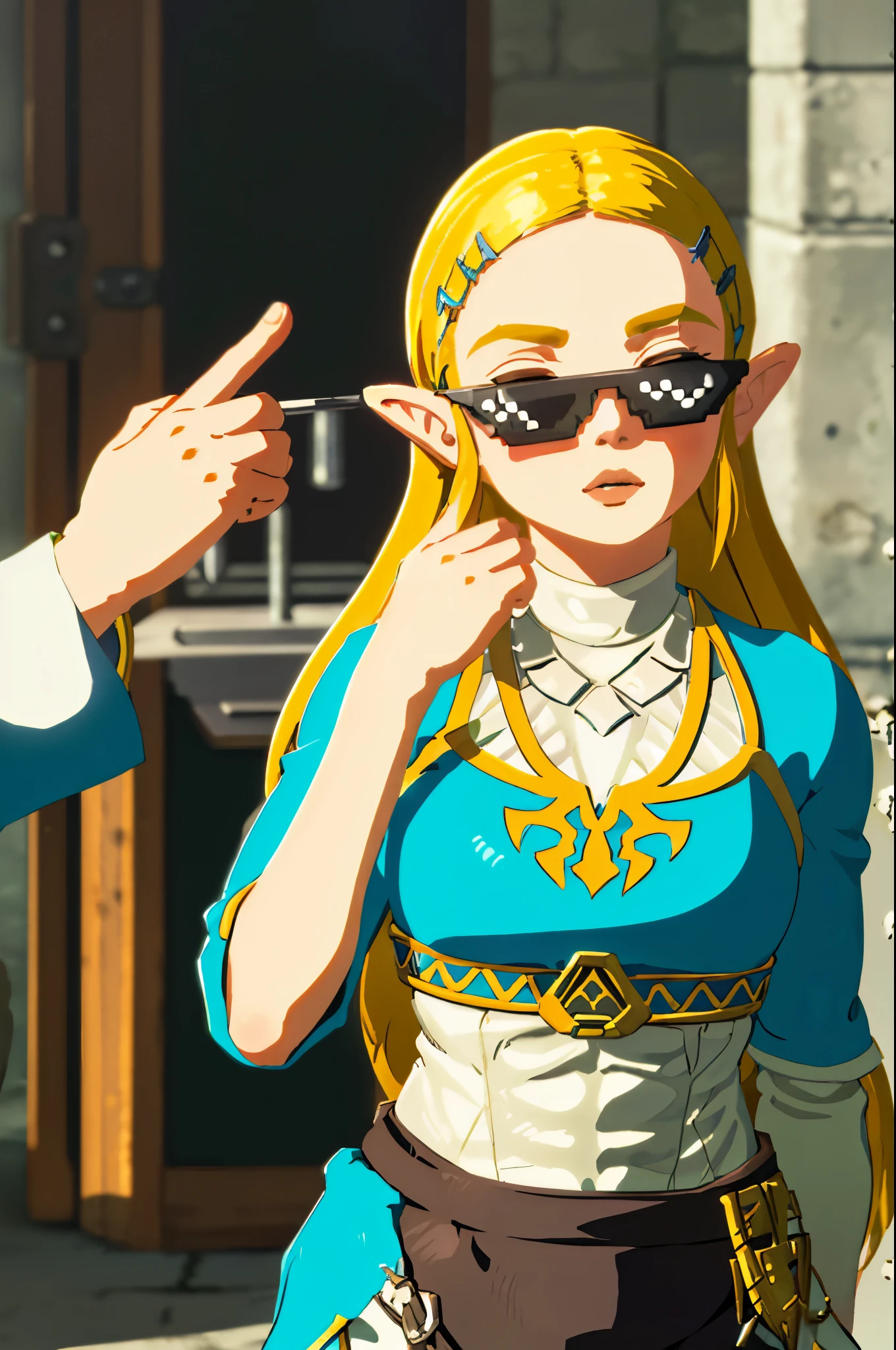 zelda as a rapper dope blend mixure of baggy saggy hyrulian hip hop clothes 
DealWithIt fingergun