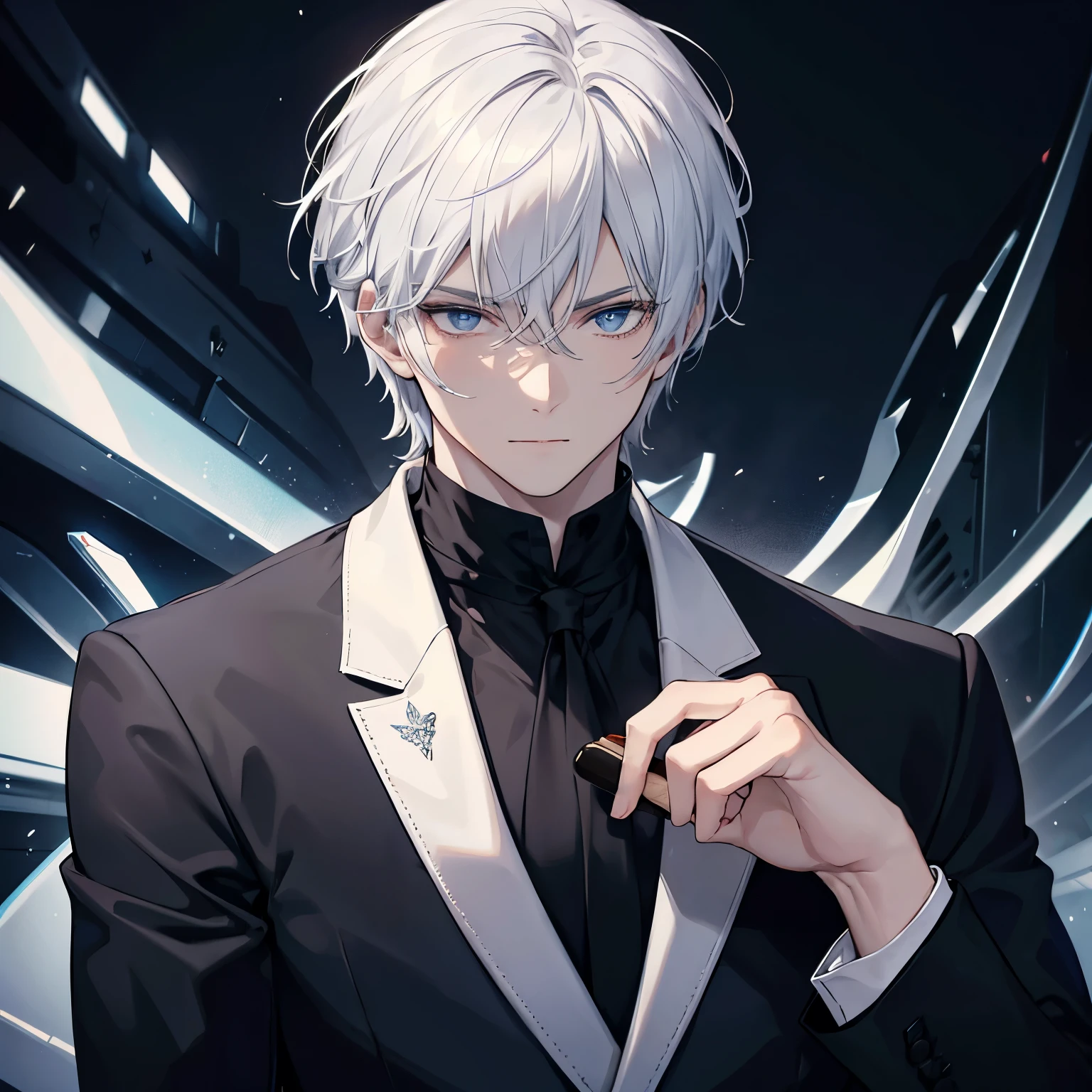 A Russian man with polar white hair and eyes, one gray and the other blue, exudes an air of sophistication. He is elegantly dressed in a dark suit consisting of a white shirt, black tie, and a turtleneck underneath. In contrast to his formal attire, he wears leather gloves and dons a black fur coat, adding a touch of ruggedness to his look. In his hand, he holds a cigar from an expensive brand. The image is a masterpiece, exuding a high level of detail and precision. This ultradetailed, high-resolution photograph captured in 1.4 Realistic or Photorealistic SA1 settings showcases his striking features, the rich